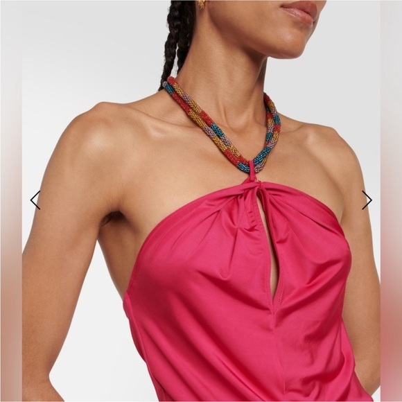 Veronica Beard Tops - Veronica Beard Vibrant Pink Halter Top with Multicolor Beaded Necklace
